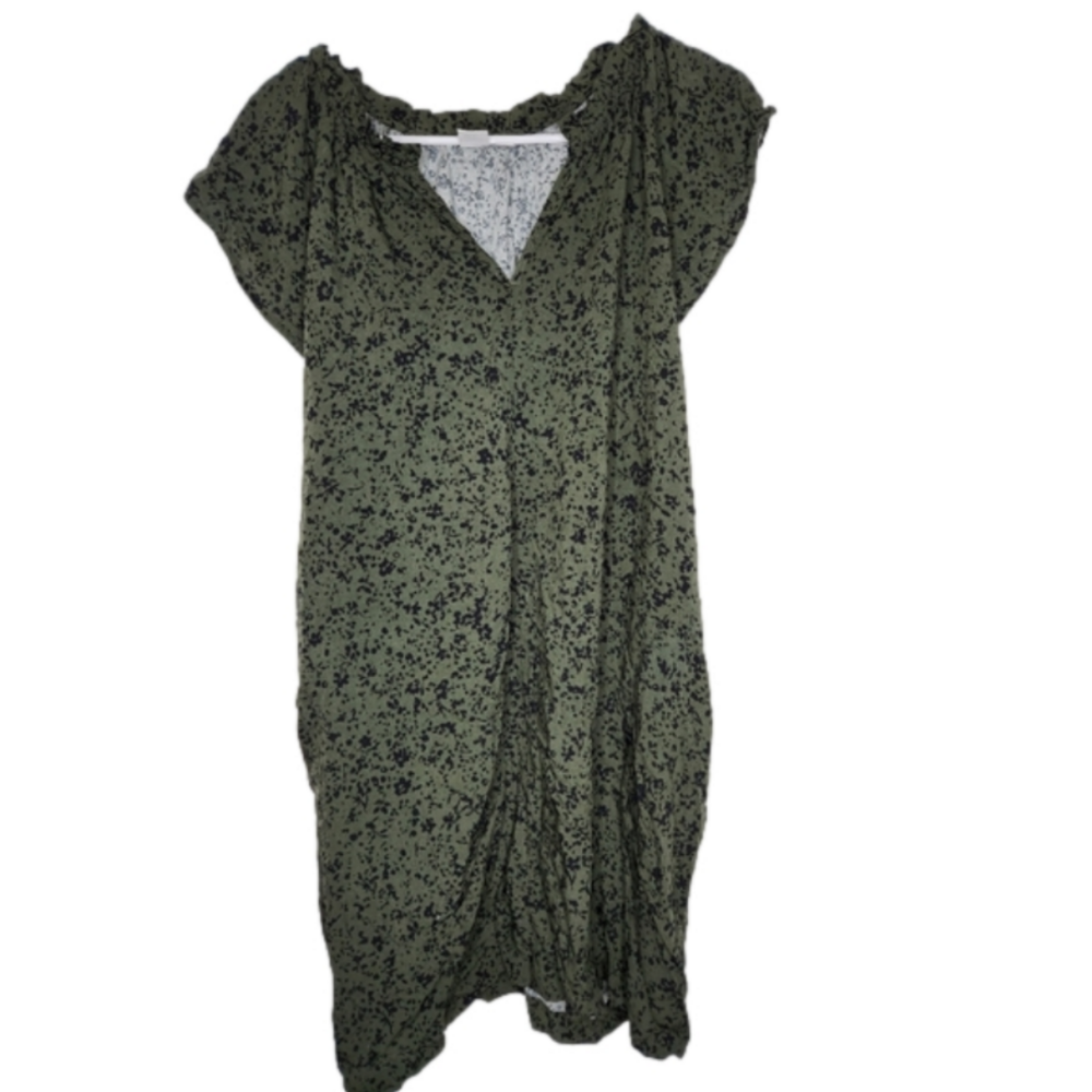 Gap Flutter Sleeve Mini Dress Size Large Olive with Black Print Casual
